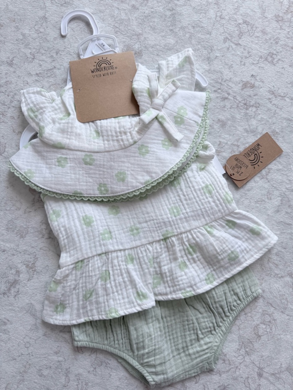 White & Sage Floral Baby Dress Set